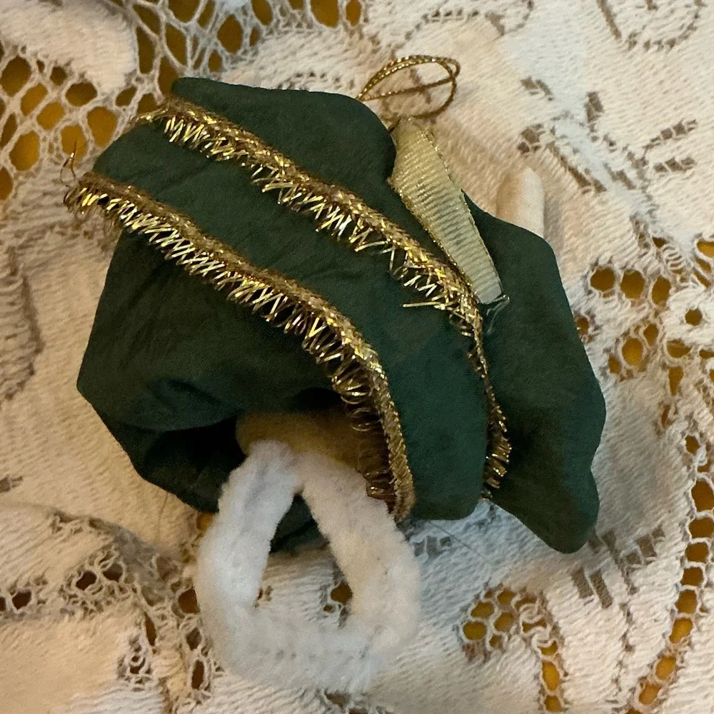 Vintage Porcelain Fabric Angel Christmas Ornament Green Gold 6”